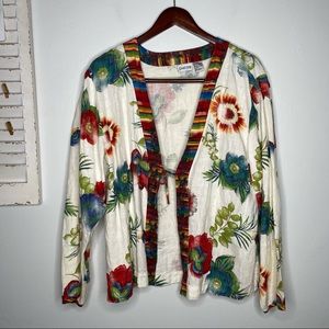 Chico’s Floral Linen Tie Front Kimono Top Size XL